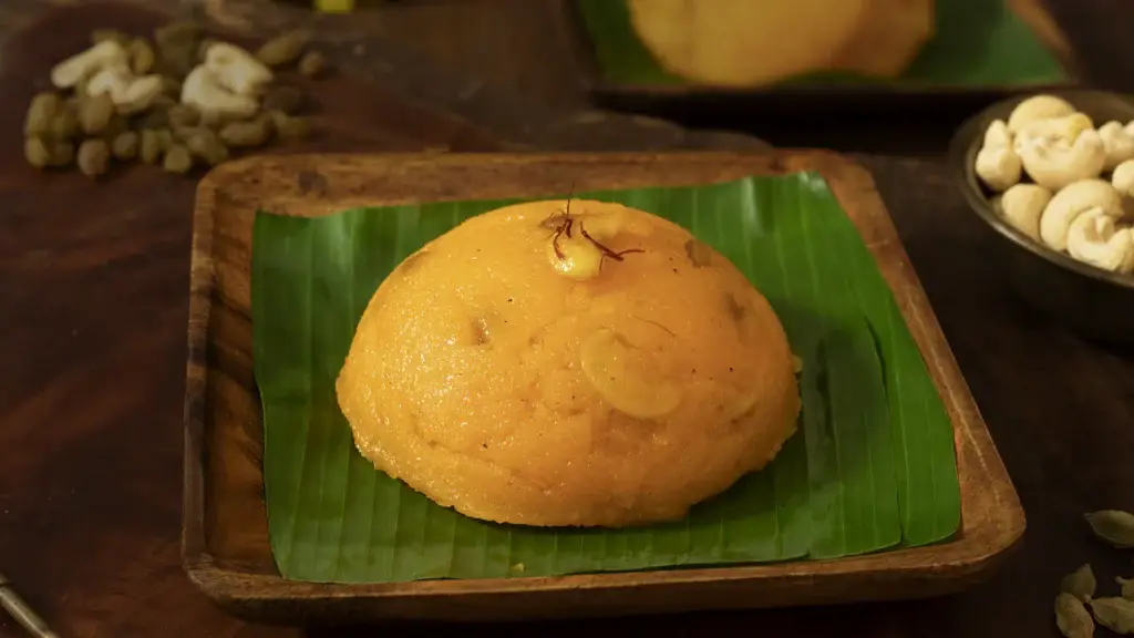 Glowing, golden Rava Kesari in a bowl