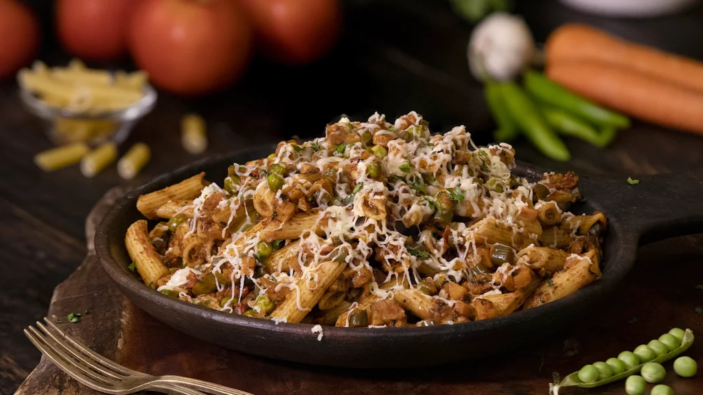 Quick & Easy Indian Recipes You Can Whip Up Anytime 11 Garnished pasta in a bowl, ready to eat.