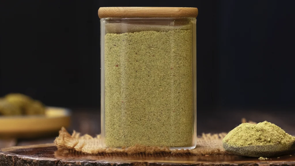 15 Chutneys, Pickles & Podis to Serve with Dosa and Idli 14 A glass jar being filled with bright red curry leaves podi